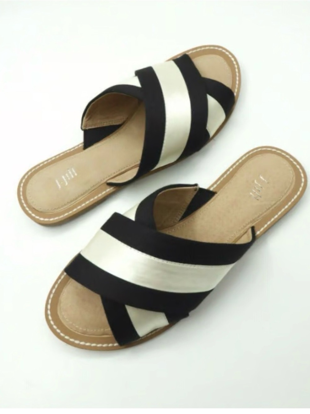 J. Jill Black and Silver Cross-Band Slide Sandals
